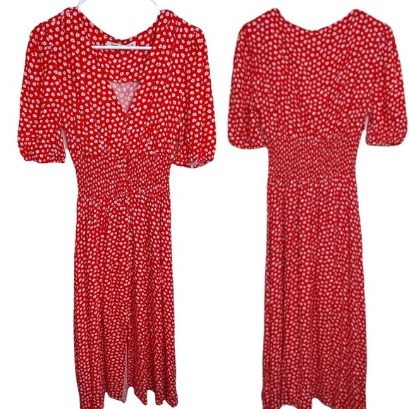 NEW FRAICHE BY J Smocked Waist Midi Dress Red Floral S - Picture 1 of 16